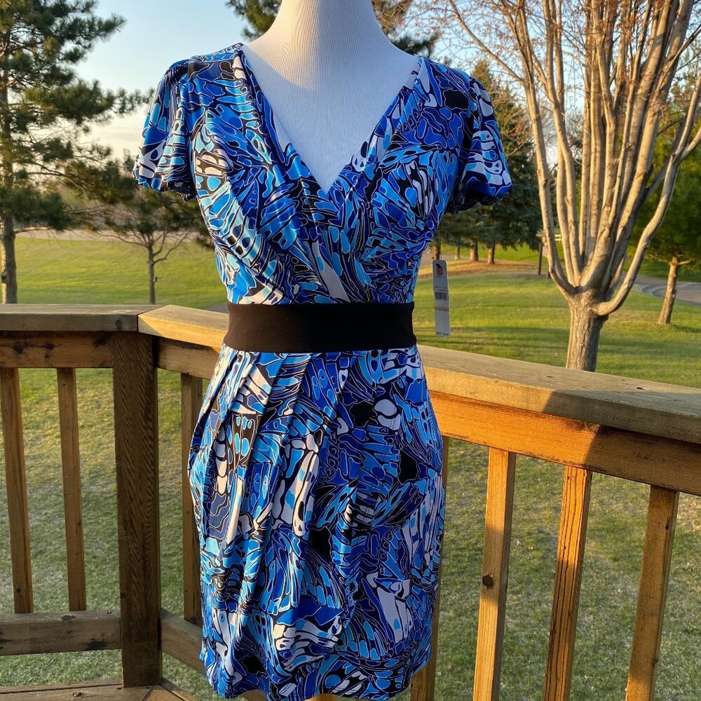 LAUNDRY By Design Abyss Dress Size 2 Faux Wrap Puff Sleeve Multicolor NWT - Picture 2 of 16
